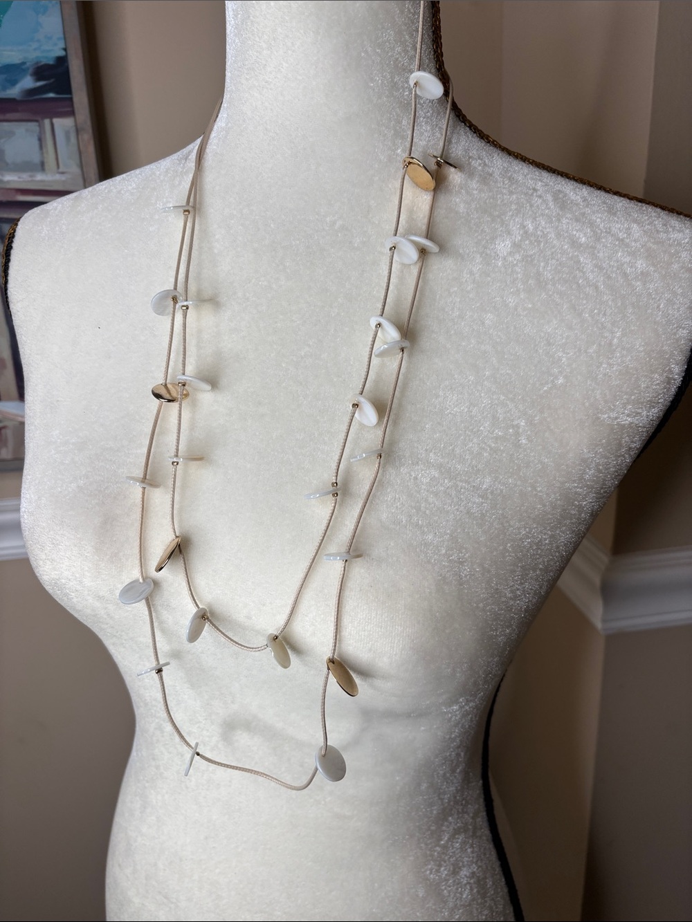 Chico's Beige Cord Layered Necklace with White Shell & Gold Discs